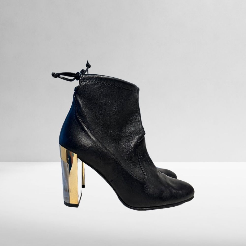 Stuart Weitzman Black Leather Ankle Booties with Lucite & Gold Block Heel Size 9